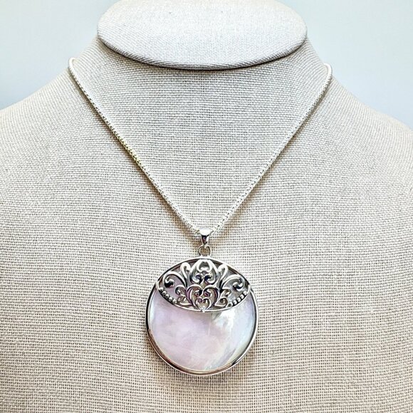 Sterling Silver 925 Mother of Pearl Scroll Pendant Necklace Size 23.5" Length - Picture 2 of 16